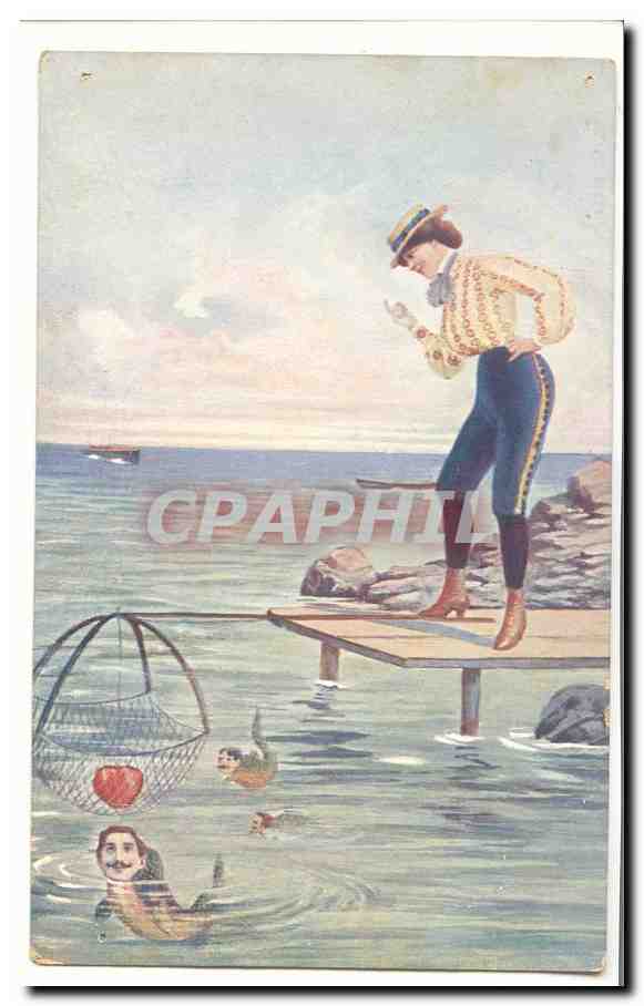 Femme sur un quai de mer — scène humoristique avec poissons et cœur — éditeur Craphil, n° de série non lisible