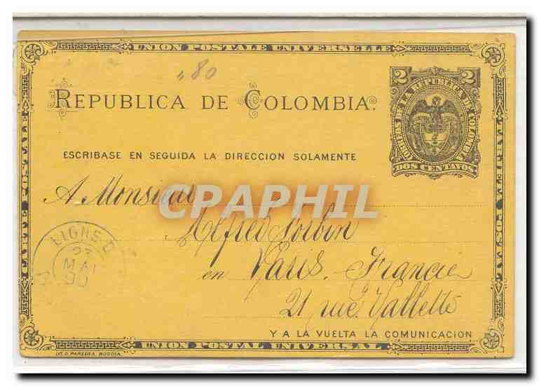 Colombia card used 1890 with French ship marking (entier postal stationary Colombie)