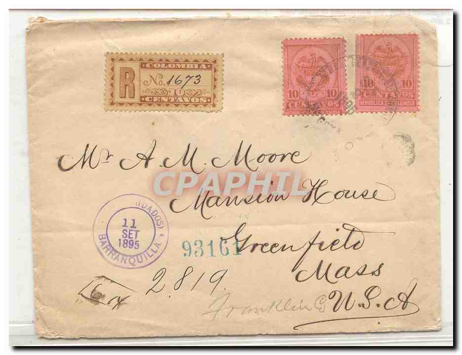 Colombia 1895 registered from bogota F12 registered label Via Barranquilla to Mass USA 3 different transit registry