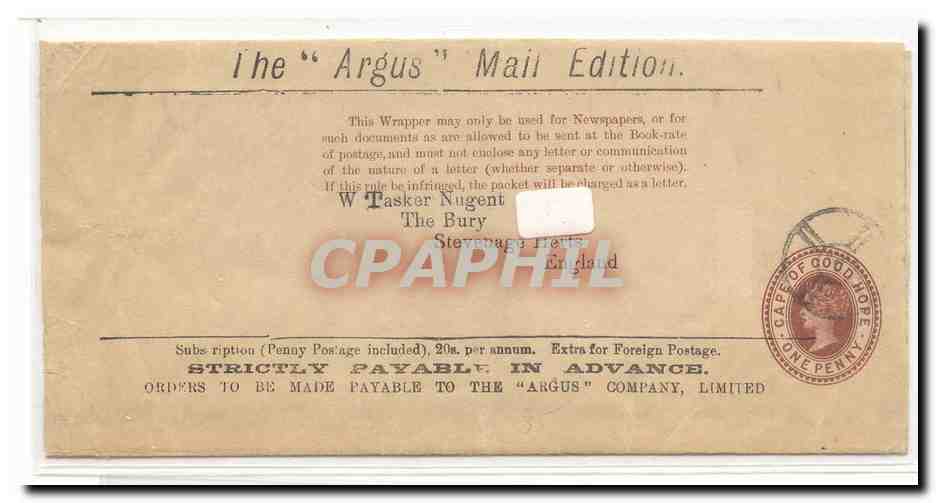 Cape of Good Hope wrapper The Argus mail edition openede and reassembled (entier postal stationary Afrique du Sud)