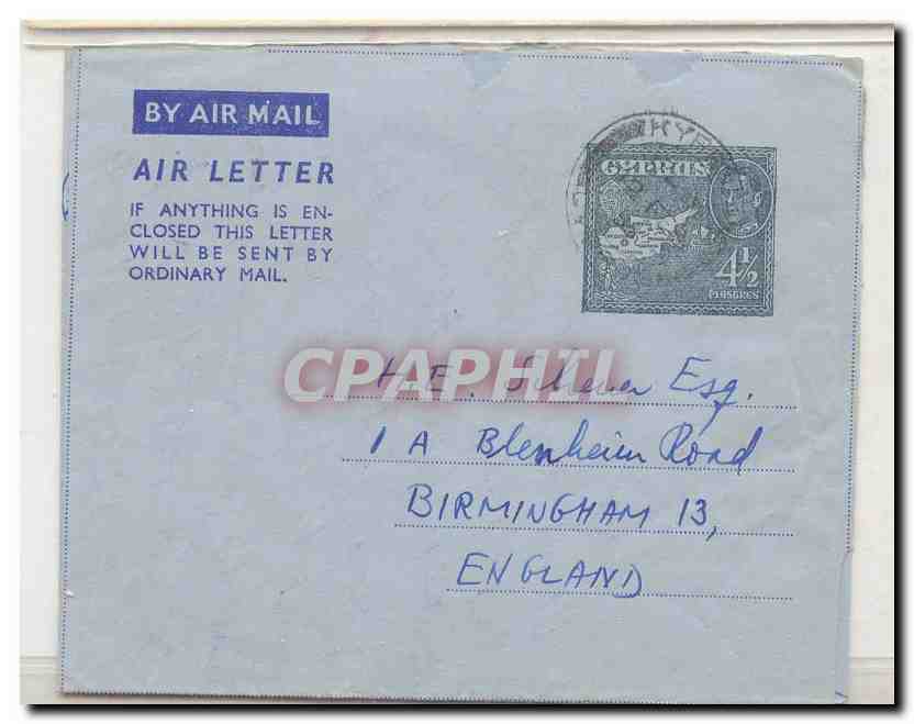 Cyprus Chypre Als 4 used 12/2/50 (catalogue says First day of use is 15/4/50) aerogram (entier postal stationary)