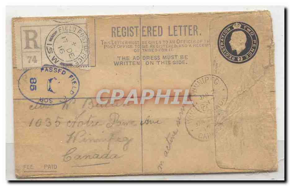 Great Britain WW1 Military registrered envelope to Canada (entier postal stationary)