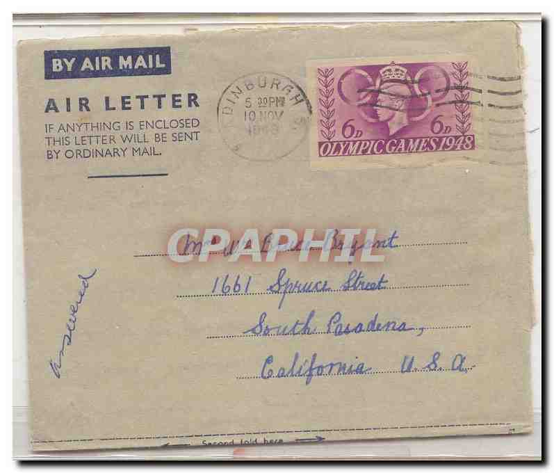 Great Britain Olympic Games Jeux Olympiques Olympics 1948 AlS 6 aerogram aerogramme used to US (entier postal stationary