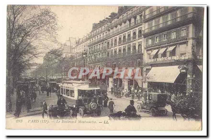 Paris CPA Le boulevard Montmatre (autobus tramways) (tres animee)