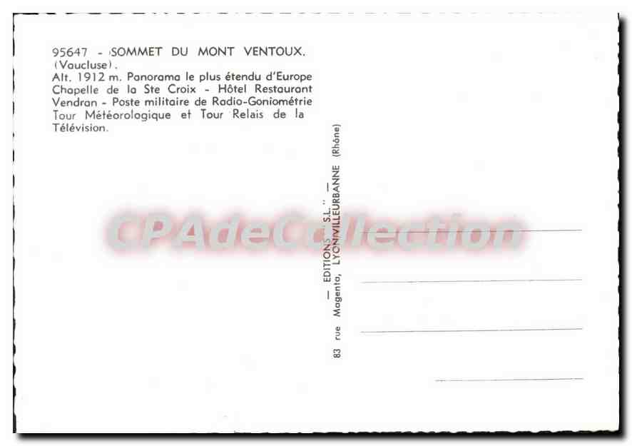 Sommet du Mont Ventoux — Panorama le plus étendu d'Europe — Éditions S.I. Lyonvilleurbanne — Verso