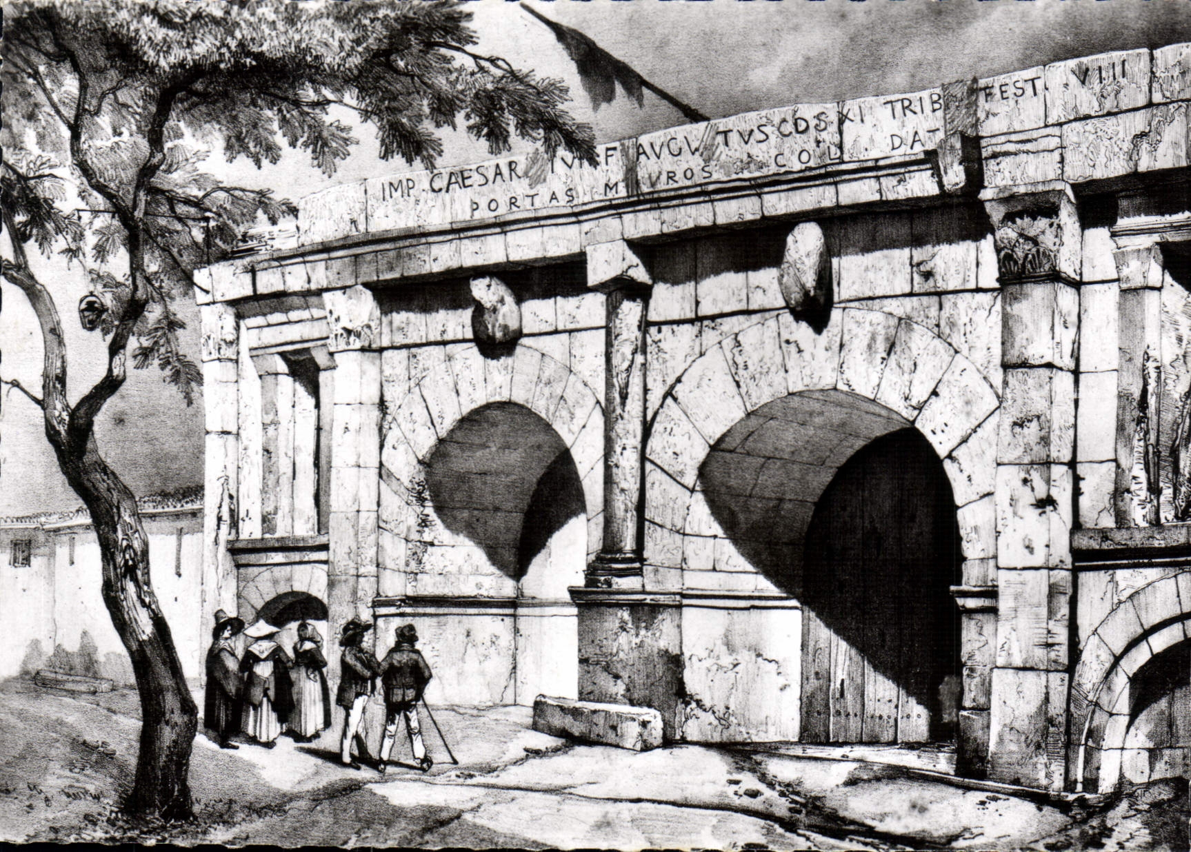 Porte d'Auguste — Nîmes (Gard) — lithographie de Dauzats, 1833
