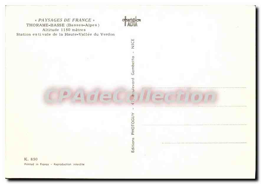 Thorame-Basse — Station estivale de la Haute-Vallée du Verdon — Editions Offset Color TADIA — Rückseite