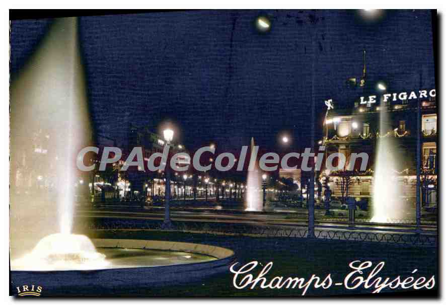 Champs-Élysées — vista nocturna con fuentes y hotel Le Figaro — editor IRIS, n° 498 - Anverso