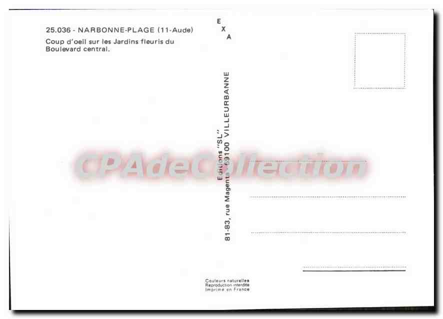 CPM Narbonne Plage Coup d'Oeil sur les Jardins Fleuris du Boulevard Central — Verso