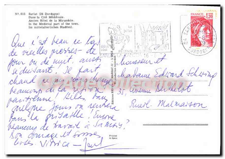 Sarlat (24 Dordogne) — Ancien Hôtel de la Mirandole — Éditions HERBAC-S°-L. Déf. Production Interdite — Verso