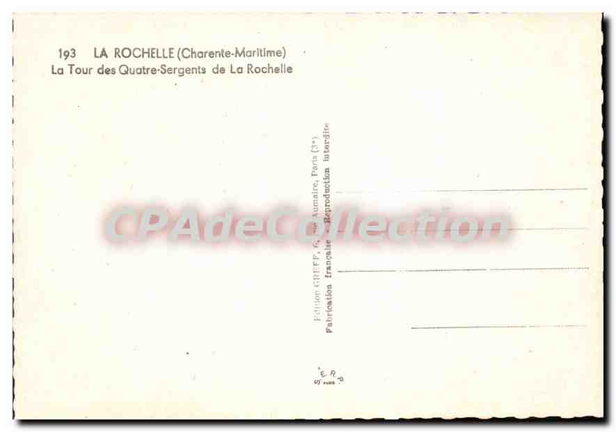 La Rochelle (Charente-Maritime) — La Tour des Quatre-Sergents — Édition GREFF, Paris — Verso