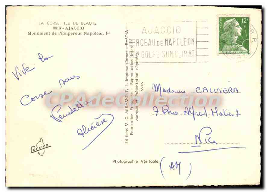 CPSMLa Corse Ile De Beaute Ajaccio Monument De I'Empereur Napoleon — Verso