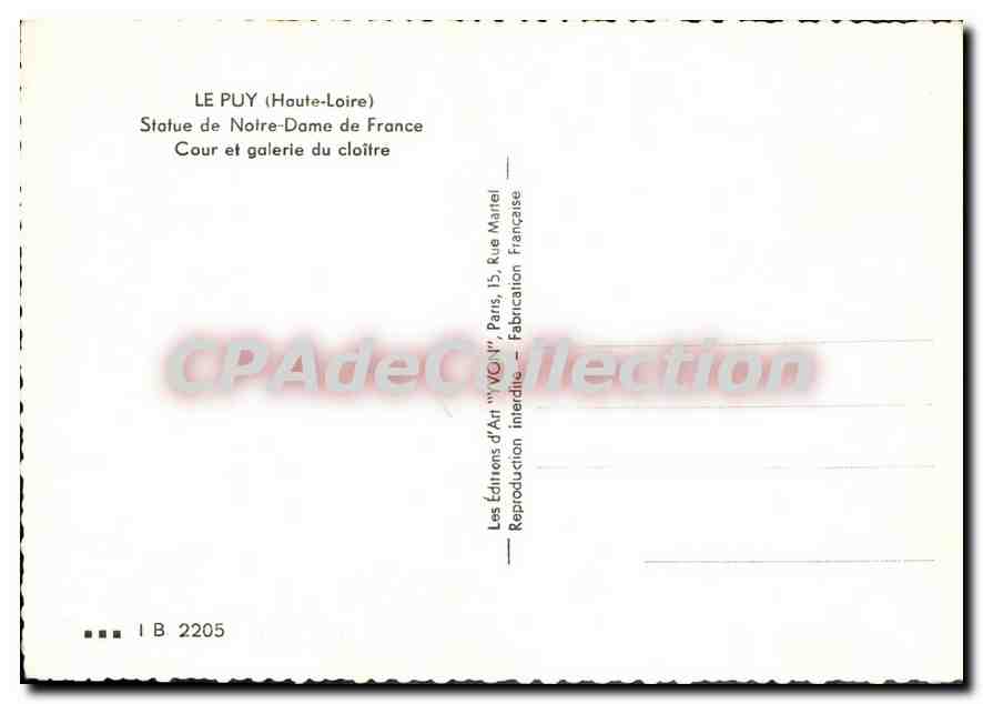 CPSM Le Puy Statue de Notre Dame de France Cour et Galerie du Cloitre — Verso