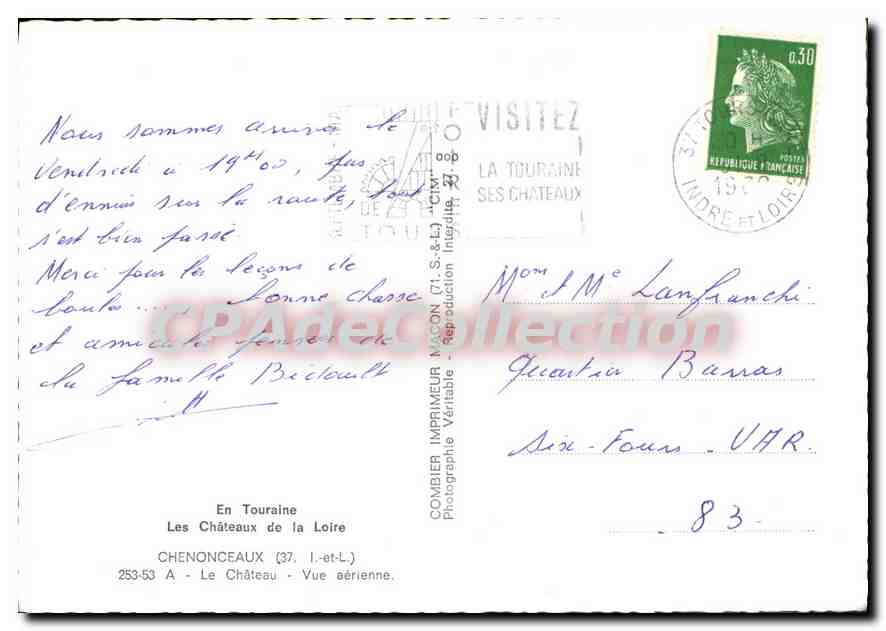 CPSM En touraine Les Chateaux De La Loire Chenonceaux — Verso