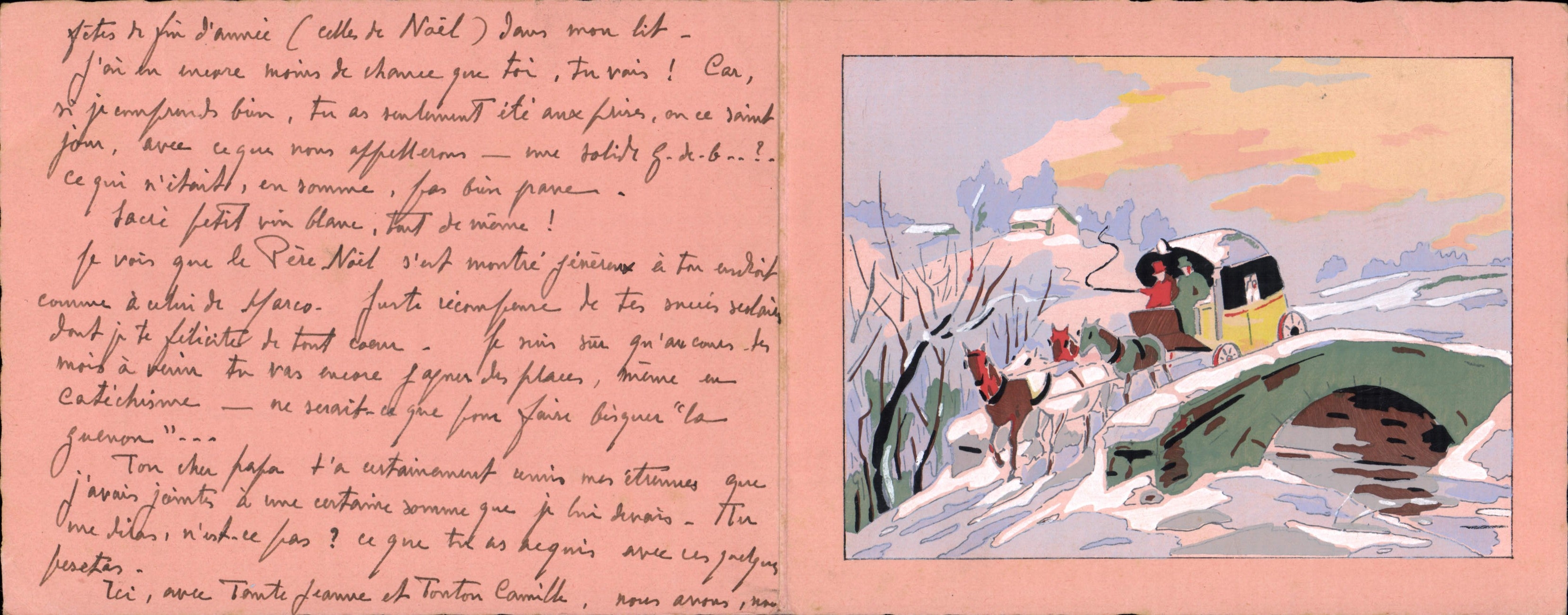 Père Noël — scène hivernale avec calèche — éditeur non visible - Anverso