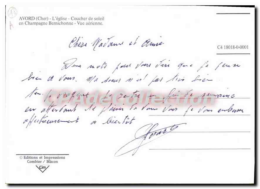 Avord — Église, coucher de soleil, vue aérienne — Editions et Impressions Combier / Mâcon, série C4 18018-0-0001 — Rückseite