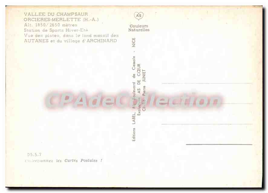Vallee du Champsaur — Orcières-Merlette (H.A.) — Éditions AS de Cœur — Rückseite