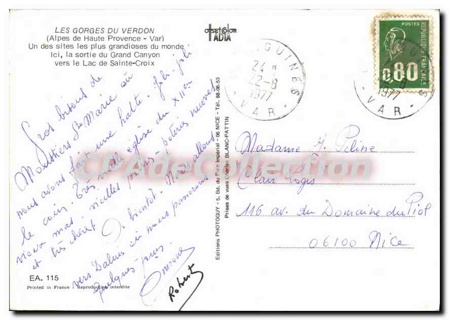 Les Gorges du Verdon — sortie du Grand Canyon vers le Lac de Sainte-Croix — Editions Photoguy - EA 115 — Verso