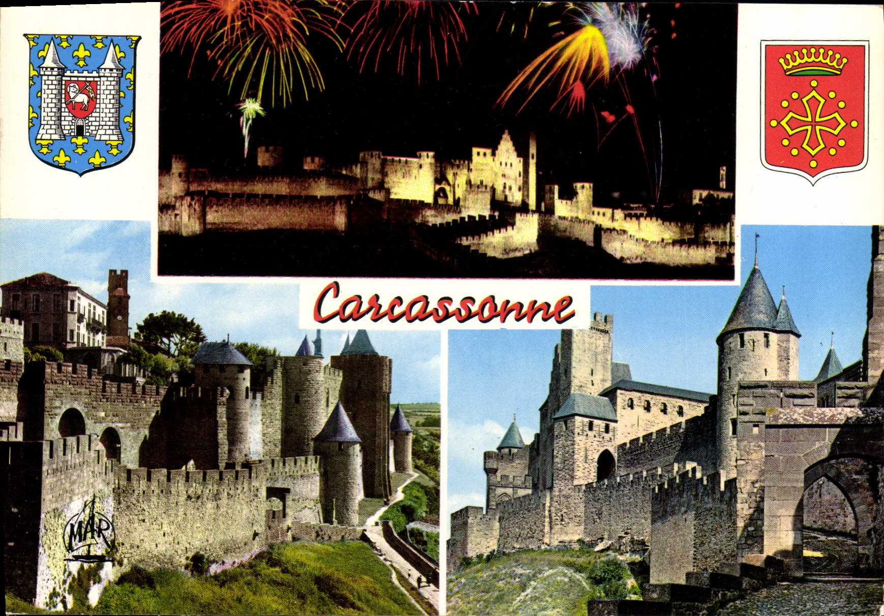 CPSM Carcassonne La Cite feu d'Artifice La Porte d'Aude 