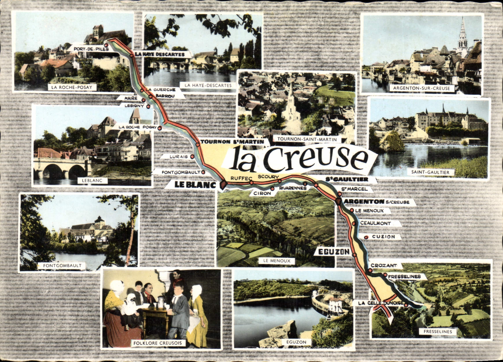 la Creuse — Carte postale touristique avec itinéraire et folklore — Éditions Artaud, Nantes - Anverso