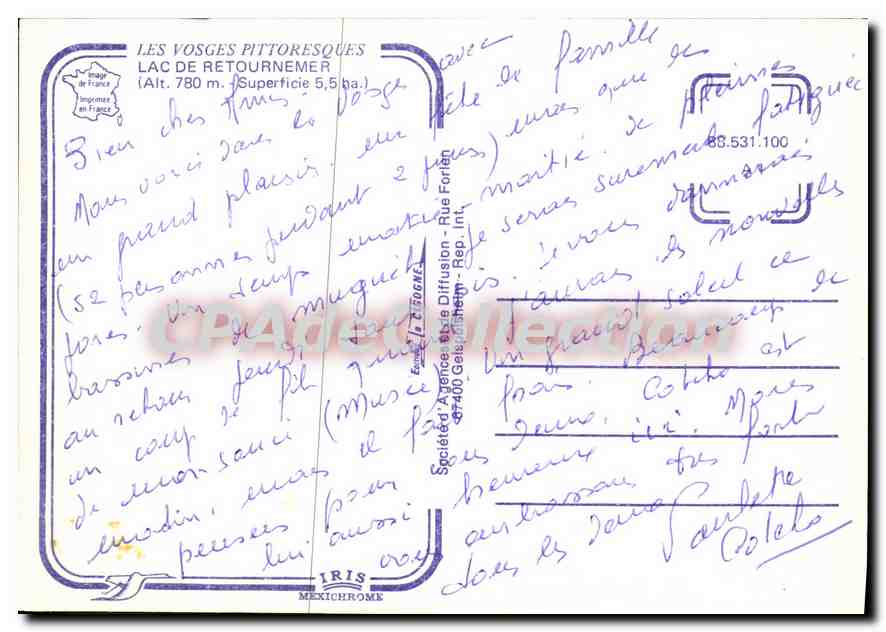 Les Vosges pittoresques — Lac de Retournemer (Alt. 780 m, Superficie 5,5 ha) — Société d'Art et de Diffusion - Rep. Impr. Iris Mexichrome — Verso