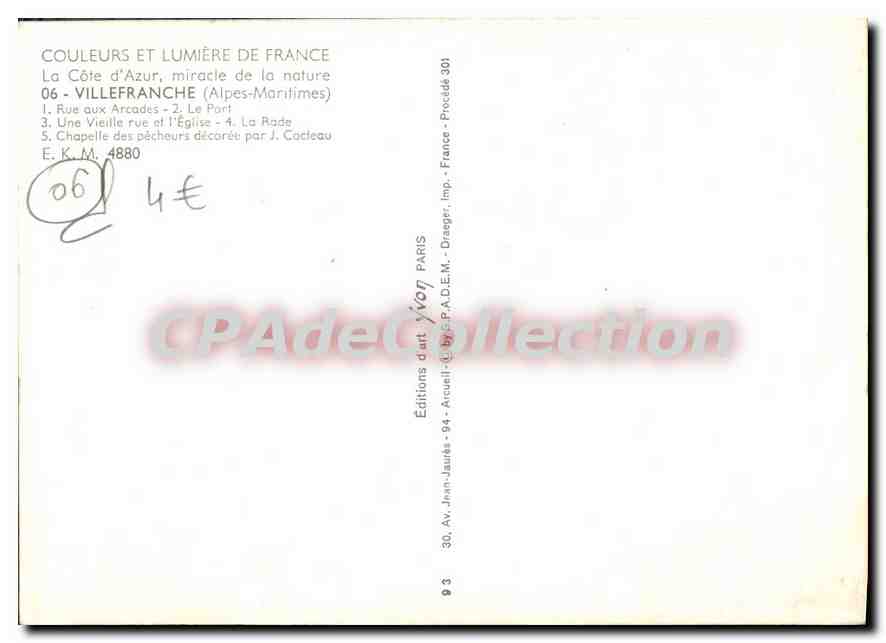 Tarjeta postal semimoderna El Cote d'Azur milagro de la naturaleza Villefranche Alpes Maritimes Rue aux Arcades Le Port Una Vi — Reverso