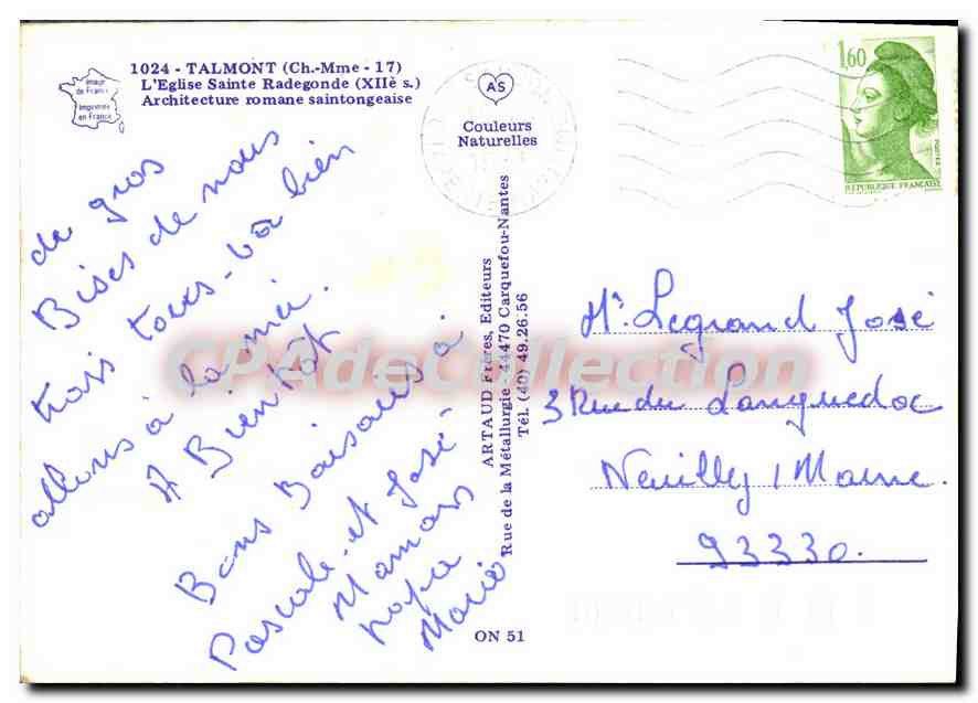 CPSM Talmont Ch Mme l'Eglise Sainte Radegonde — Rückseite