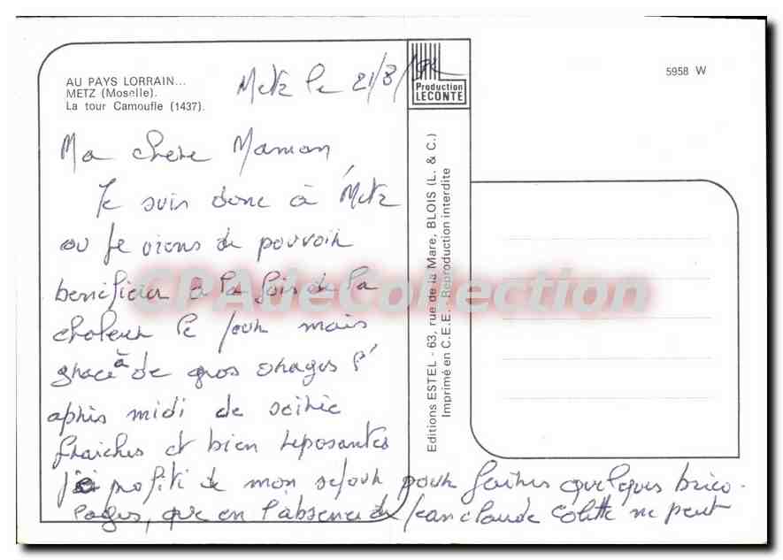 CPSM Au Pays Lorrain Metz Moselle La Tour Camoufle — Verso