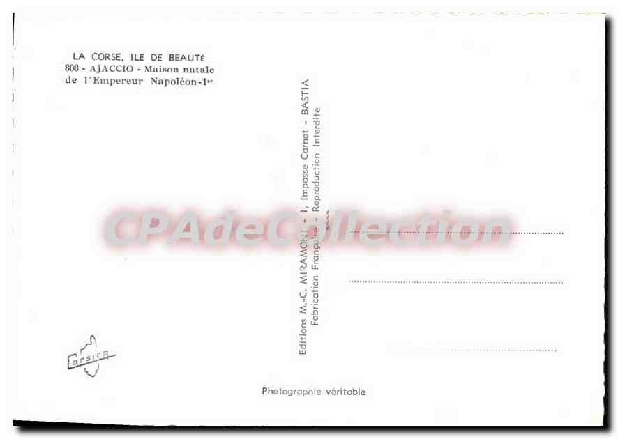 Ajaccio — Maison natale de Napoléon — Éditions M.-C. Miramont — Verso