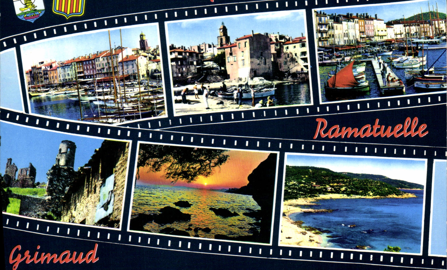 Ramatuelle — Grimaud — vue panoramique du port, ruines et coucher de soleil — Éditions MAR - Anverso