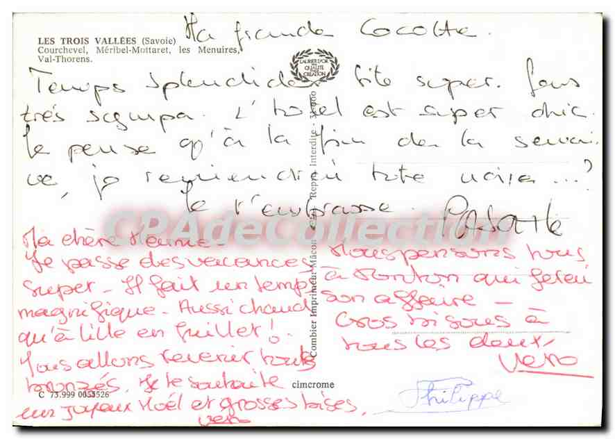 Les trois Vallées — Courchevel, Méribel-Mottaret, Les Menuires, Val Thorens — Éditeur : Combiert Imprimeur — Verso