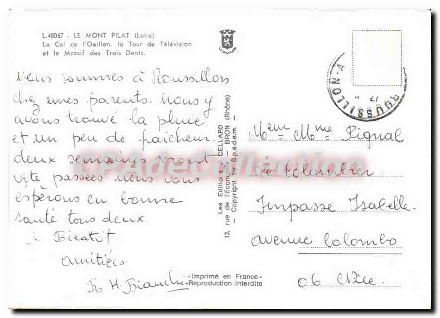 CPSM Le Mont Pilat Loire le Col de l'Oeillon la tour de Television et le Massif des Trois Dents  — Rückseite