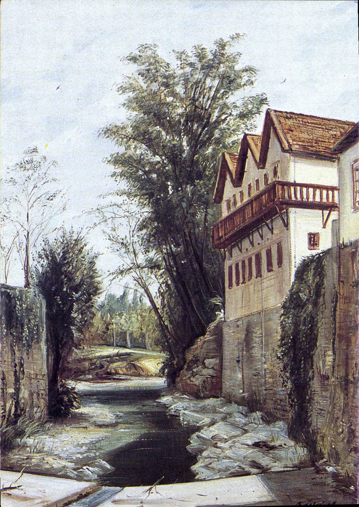 Paysage avec maison à balcon — peinture — reproduction de M. Beyris