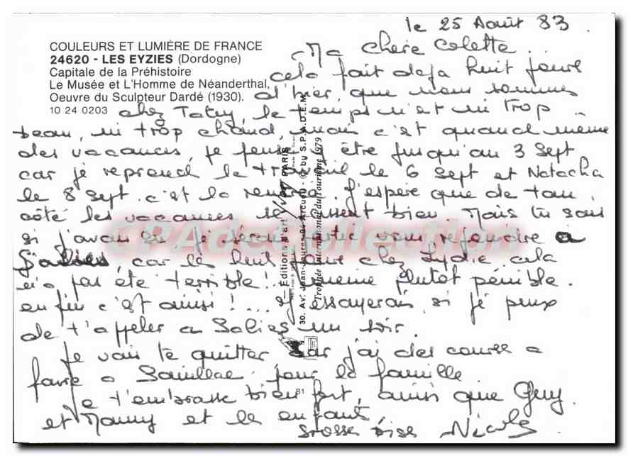 CPSM Les Eyzies Dordogne Capitale de la Prehistoire le Musee et l'Homme de Neanderthal Oeuvre du Scu — Verso