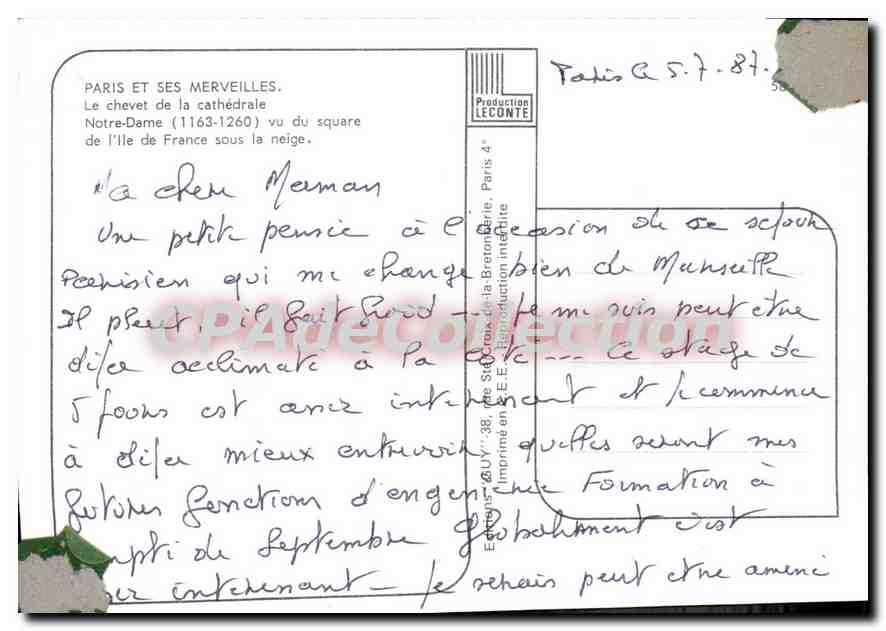 CPSM Paris et ses Merveilles le chevet de la cathedrale Notre Dame vu du Square de l'Ile de France s — Achterkant