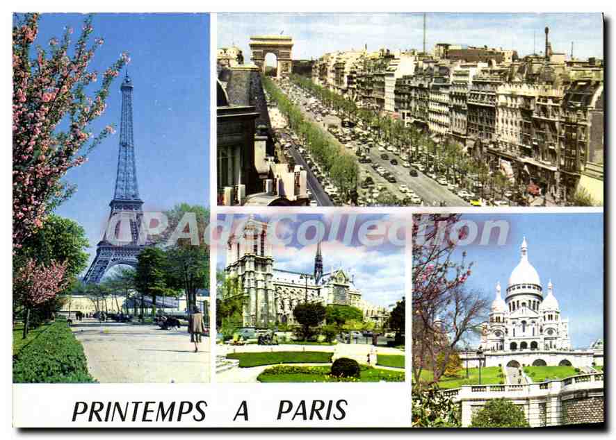 CPSM Printemps a Paris la Tour Eiffel Les Champs Elysees et l'Arc de Triomphe Notre Dame la Sacre Co
