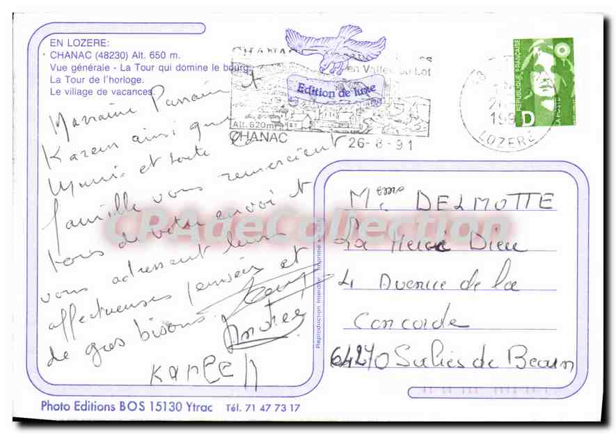 CPSM En Lozere Chanac vue generale la tour qui domine la bourg la tour de l'Horloge le village de Va — Rückseite