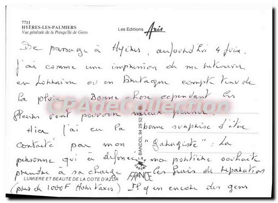 Hyères-les-Palmiers — Vue générale de la Presqu'île de Giens — Les Editions Aris, n°7711 — Reverso