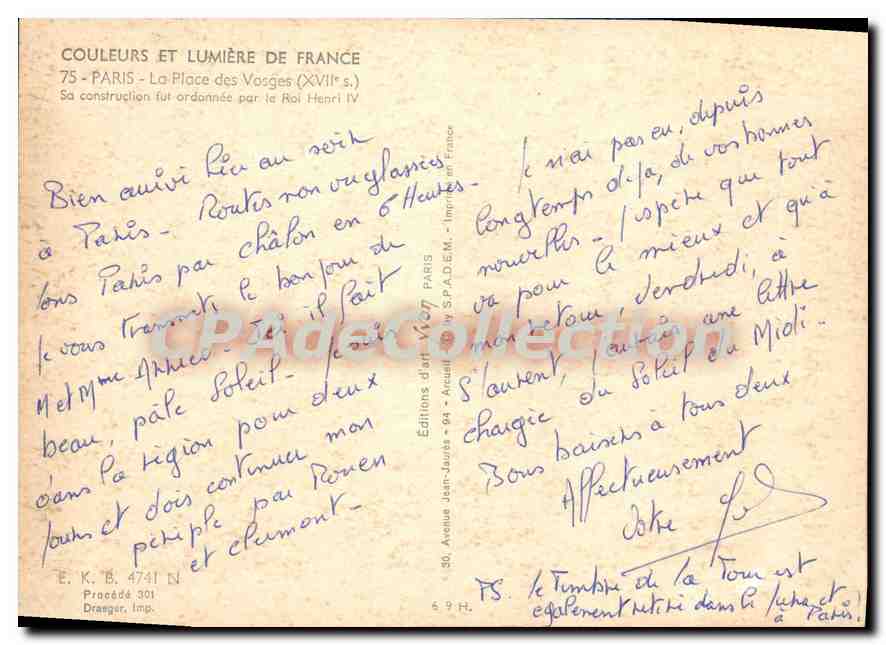 Place des Vosges — Paris — Éditions Jean-Jaurès — Verso