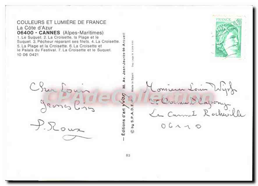 CPSM La Cote d'Azur Cannes Alpes Maritimes le Suquet la Croisette la plage et le Suquet Pecheur repa — Verso