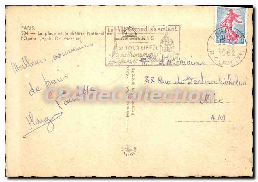 Paris — Place de l'Opéra et Opéra Garnier — Éditions J. Micolor, n° 504 — Rückseite