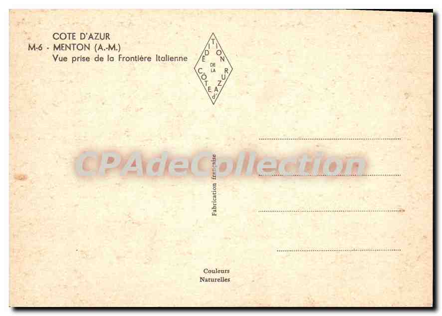 CPSM Cote d'Azur Menton A M vue prise de la Frontiere italienne  — Rückseite