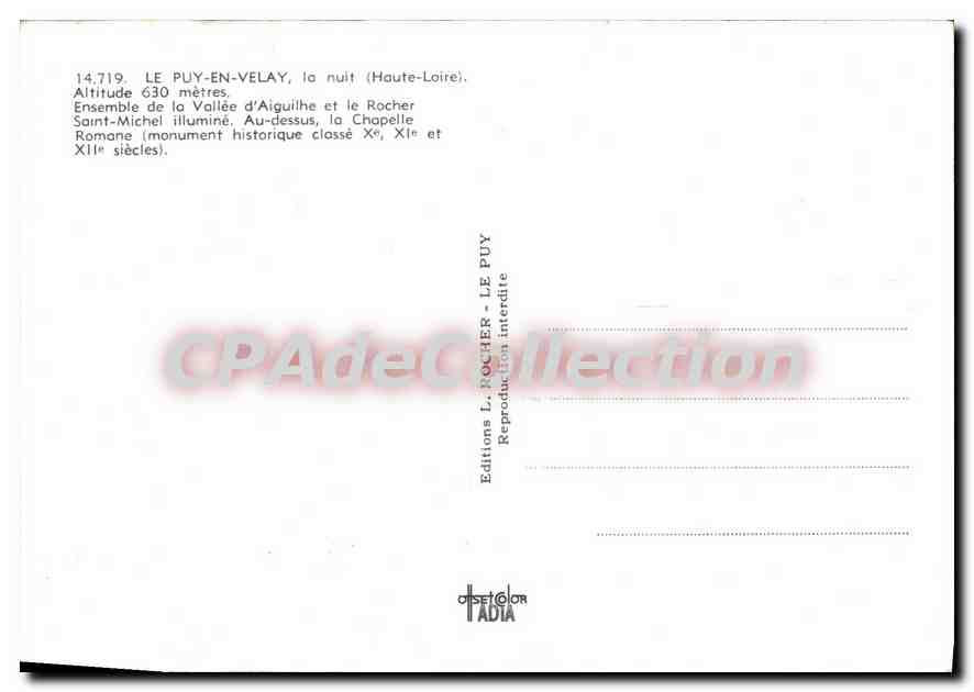 Tarjeta postal semimoderna Le Puy en Velay de noche Haute Loire conjunto de la Vallee d'Aiguilhe y el roquedal Saint Michel — Reverso