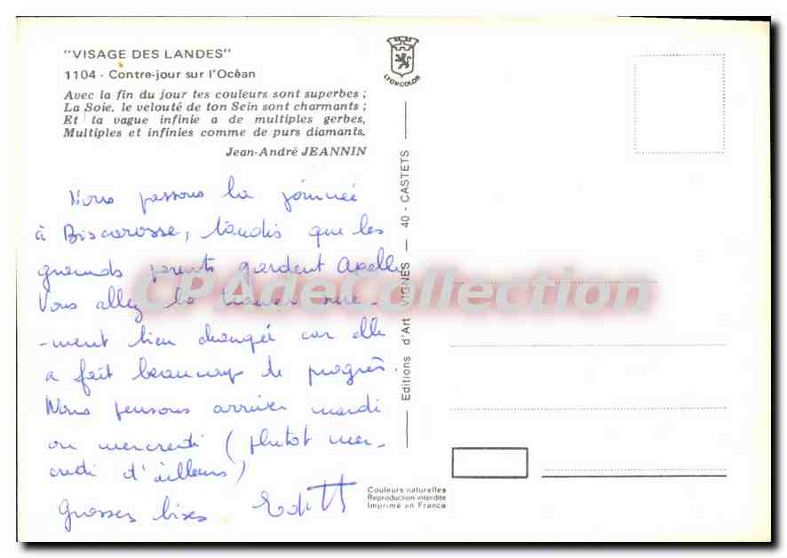 Vignes — Visage des Landes — Éditions d'Art Vignes, n°1104 — Rückseite