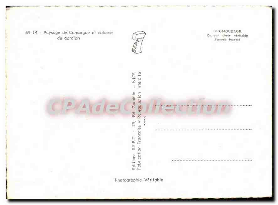 Paysage de Camargue et cabane de gardien — Éditions S.E.P.T. — N° 69-14 — Reverso