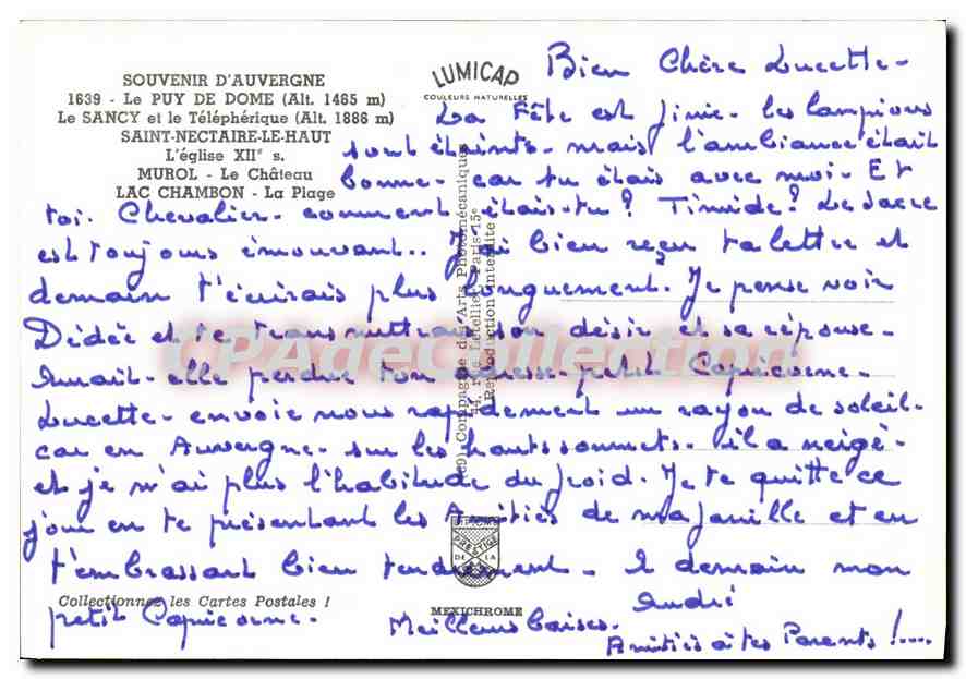 CPSM Souvenir d'Auvergne Le Puy de Dome Le Sancy et le Telepherique Saint Nectaire le Haut L'eglise — Verso