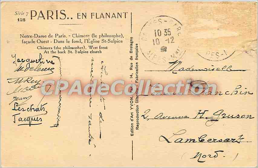 CPA Paris N D de Paris Chimere (le Philosophe) Facade Ouest — Verso