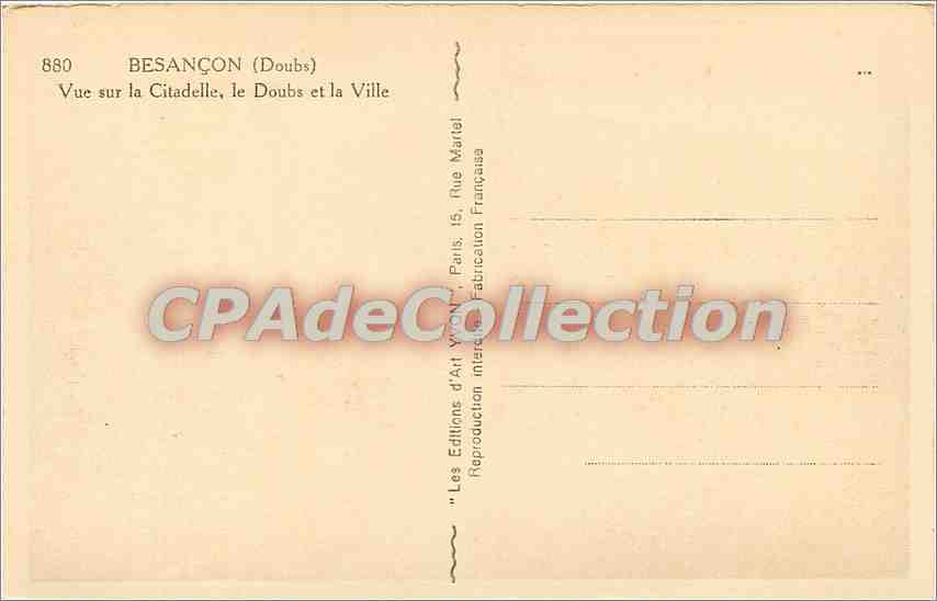 Besançon (Doubs) — Vue sur la Citadelle, le Doubs et la Ville — Les Éditions d'Art Wyon, Paris — Verso