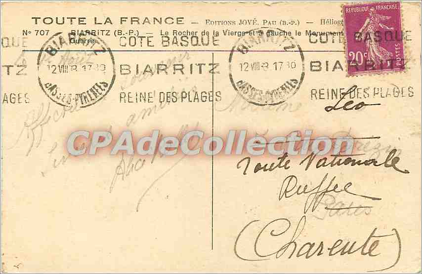 Le Rocher de la Vierge et le Monument — Biarritz — Éditions Jové, n° 707 — Reverso