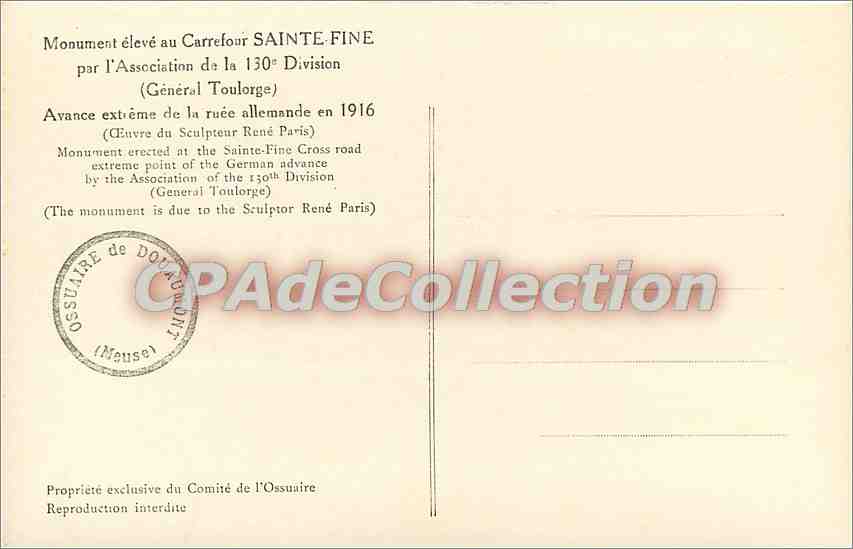 Monument du Carrefour Sainte-Fine — 130e Division — Sculpteur René Paris — Verso